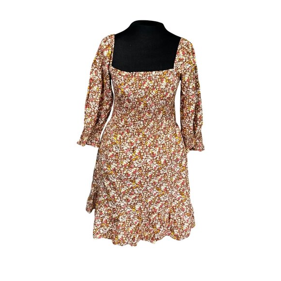 Sim & Sam Taupe Ditsy Floral Smocked Square Neck Long Sleeve Dress S - Picture 1 of 8